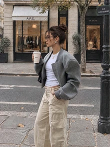 Women Fall Fashion Casual Gray Loose Long Sleeve Short Jacket For Office Work Going Out Vacation Daily - Grey - View 4