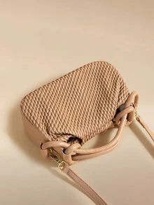 Glizzene Khaki Woven PU Leather Handbag, Unique Twist Handle Cloud Bag; Suitable For Commuting, Work, Daily Shopping, Suitable For Career Women, Students - Khaki - View 3