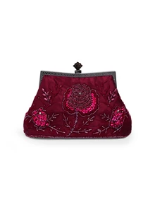 Rylithe Vintage Beaded Rose Clutch Bag, Elegant Sequined Evening Purse With Metal Handle Clasp For Wedding Party Prom Banquet - Burgundy - View 4