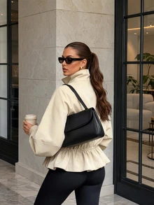 Women Fall Fashion Elegant Casual Beige Stand Collar Drawstring Waist Long Sleeve Jacket For Office Work Going Out Vacation - Light Khaki - View 3