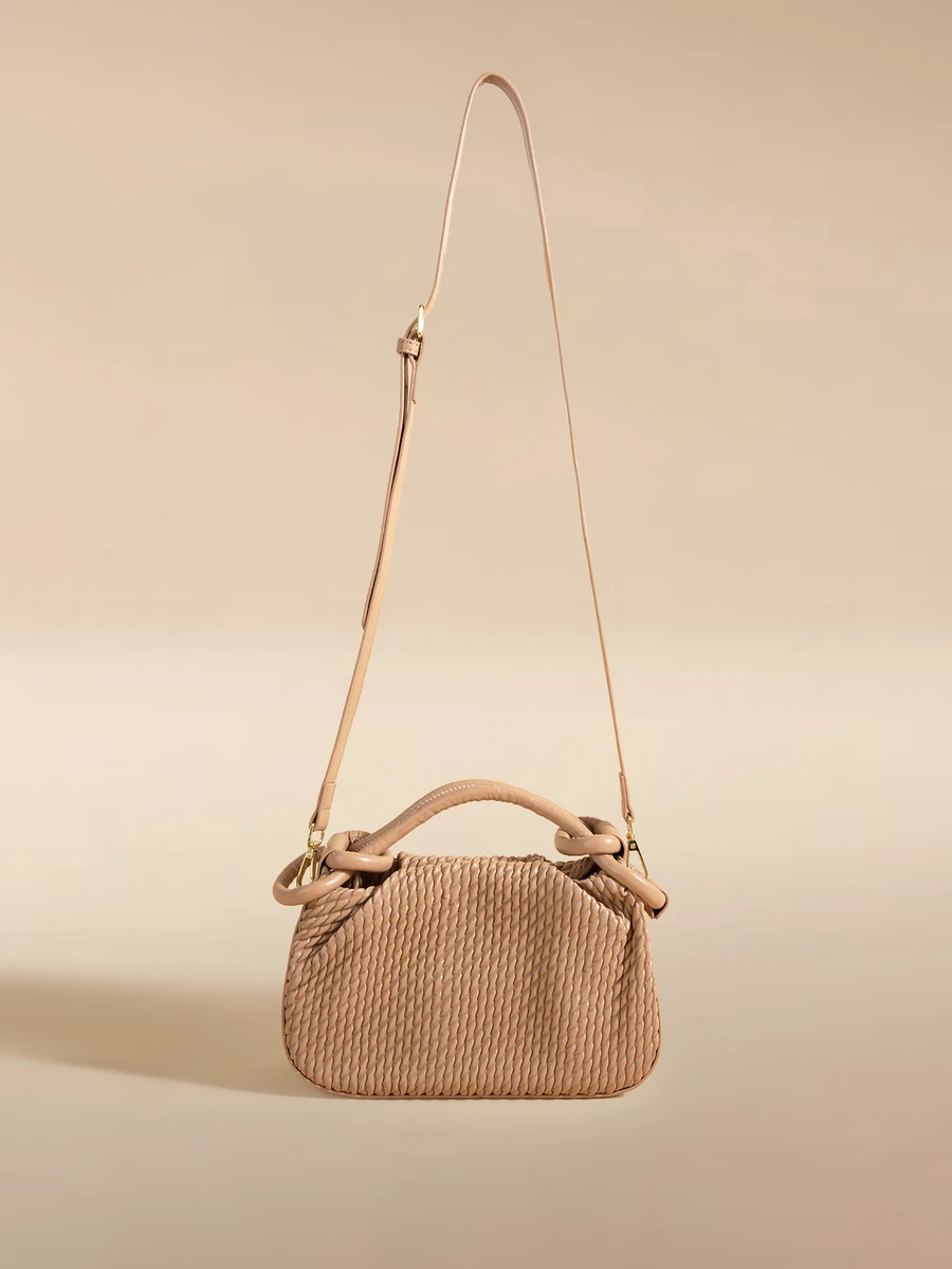Glizzene Khaki Woven PU Leather Handbag, Unique Twist Handle Cloud Bag; Suitable For Commuting, Work, Daily Shopping, Suitable For Career Women, Students - Khaki - View 1