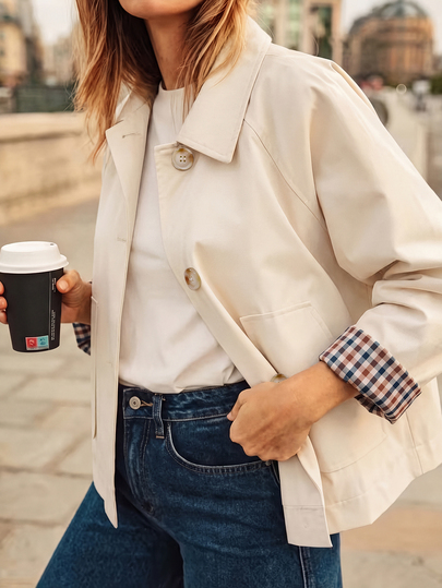 Women's Short Regular Jacket, Lapel Single-Breasted Cuff Plaid Lining Loose Drop Shoulder With Pockets, Casual Commute Shopping Travel Daily Wear, Spring Autumn Minimalist Beige Versatile Slimming Short Jacket