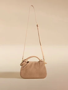 Glizzene Khaki Woven PU Leather Handbag, Unique Twist Handle Cloud Bag; Suitable For Commuting, Work, Daily Shopping, Suitable For Career Women, Students - Khaki - View 2