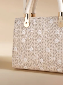 Glizzene 1pc Women's Solid Color Embroidered Textured Stone Pattern Handbag, Suitable For Summer Beach, Travel, Shopping - White - View 4
