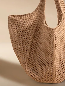 Glizzene Casual Minimalist Khaki Hollow Woven Tote Bag, Mesh Design Shoulder Bag, Perfect For Students,, Daily Commute Shopping First Choice - Khaki - View 4