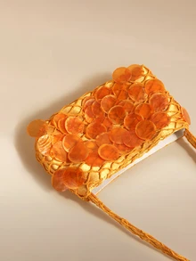 Glizzene 1pc Orange Shell Slice Sequin Decor Tassel Handbag Women's Handbag Handmade Sequin Fishnet Woven Bag Purse For Summer, Christmas Gift - Orange - View 3