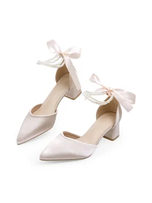 Fashion Pearl Bow Wedding Shoes, Super Soft Satin Chunky Heel High Heels For Women,Mothers Day Gift - Apricot - View 2