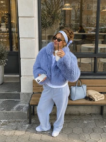 Women Fall Winter Elegant Casual Blue Faux Fur Long Sleeve Short Jacket For Daily Going Out Party - Blue - View 1