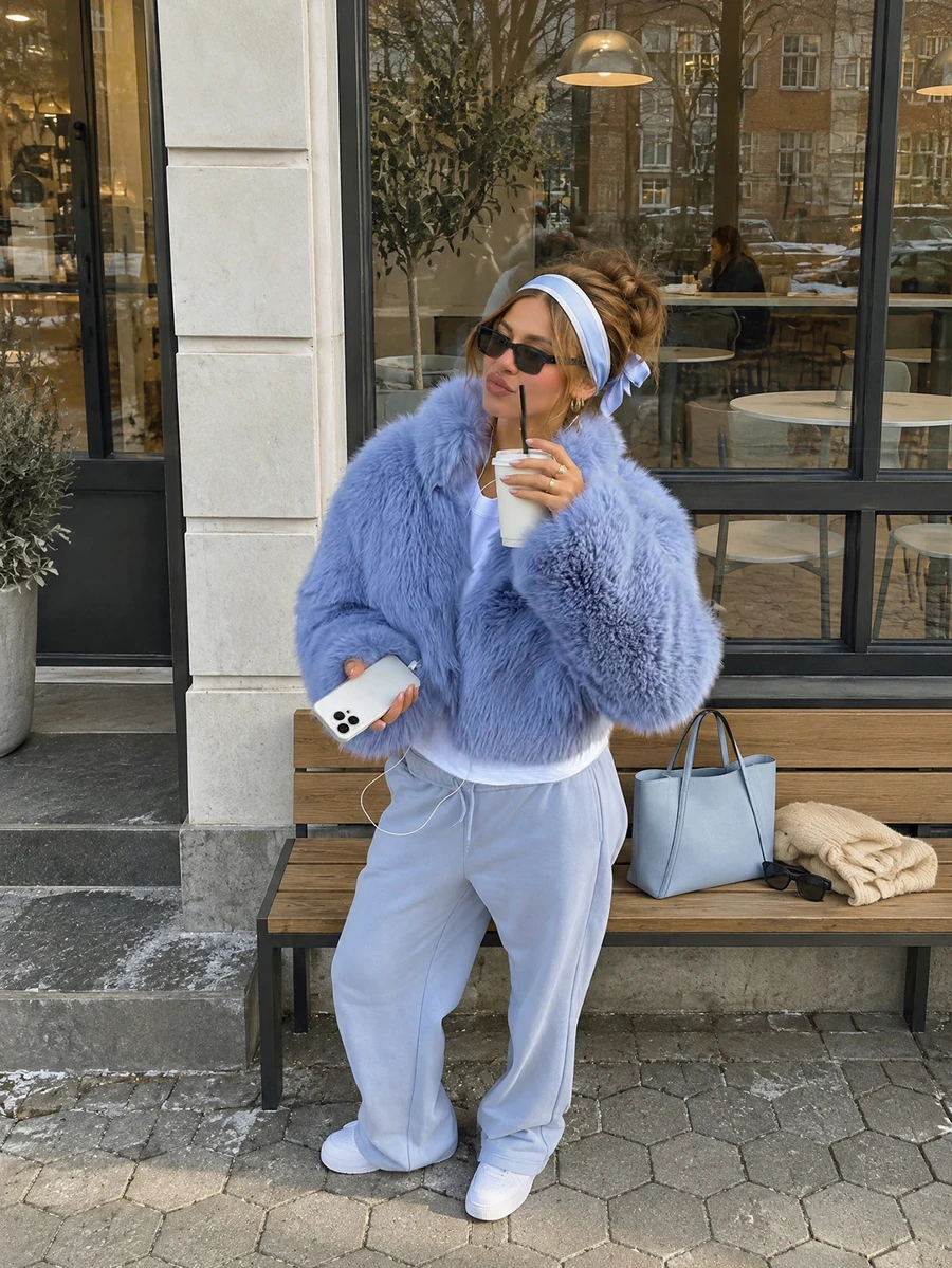 Women Fall Winter Elegant Casual Blue Faux Fur Long Sleeve Short Jacket For Daily Going Out Party - Blue - View 1