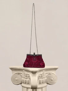 Rylithe Vintage Beaded Rose Clutch Bag, Elegant Sequined Evening Purse With Metal Handle Clasp For Wedding Party Prom Banquet - Burgundy - View 1
