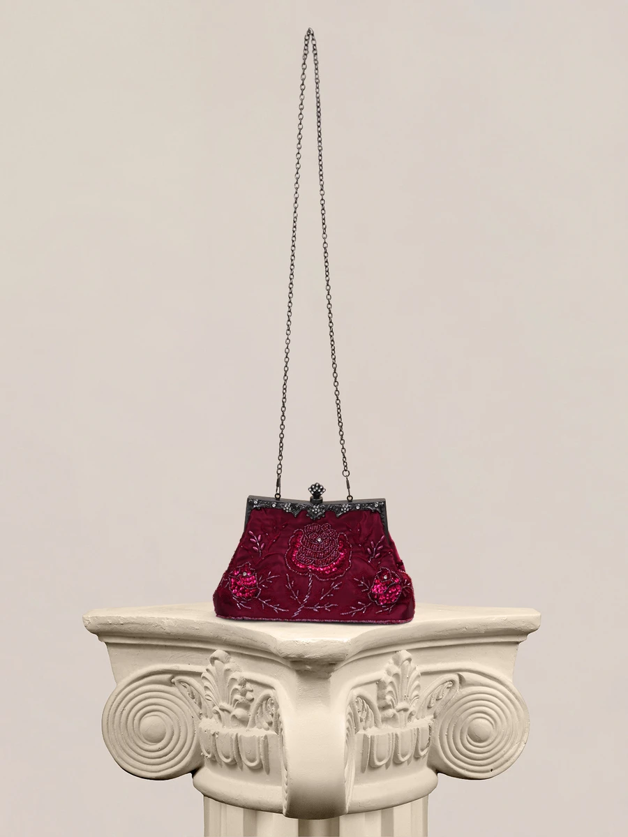 Rylithe Vintage Beaded Rose Clutch Bag, Elegant Sequined Evening Purse With Metal Handle Clasp For Wedding Party Prom Banquet - Burgundy - View 1