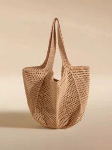 Glizzene Casual Minimalist Khaki Hollow Woven Tote Bag, Mesh Design Shoulder Bag, Perfect For Students,, Daily Commute Shopping First Choice - Khaki - View 2