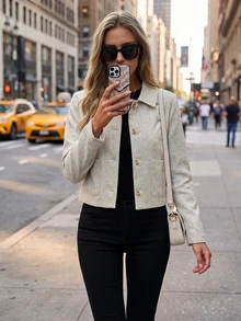 Women's Short Tweed Jacket, Lapel Single-Breasted Large Patch Pockets Long Sleeve Slim Fit, Versatile Flattering Outfit For Daily Commute, Date, Shopping, Gathering, Spring And Autumn Elegant Short Jacket - Beige - View 4