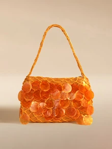 Glizzene 1pc Orange Shell Slice Sequin Decor Tassel Handbag Women's Handbag Handmade Sequin Fishnet Woven Bag Purse For Summer, Christmas Gift - Orange - View 1