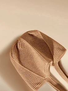 Glizzene Casual Minimalist Khaki Hollow Woven Tote Bag, Mesh Design Shoulder Bag, Perfect For Students,, Daily Commute Shopping First Choice - Khaki - View 3