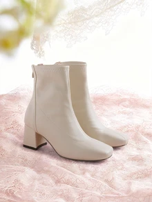 Rylithe Fall/Winter 2025 Women's Square Toe Mid-Calf Boots, Slimming French Style Ankle Boots, Minimalist Chunky Heel Ankle Boots, Versatile Fashion - Beige - View 1