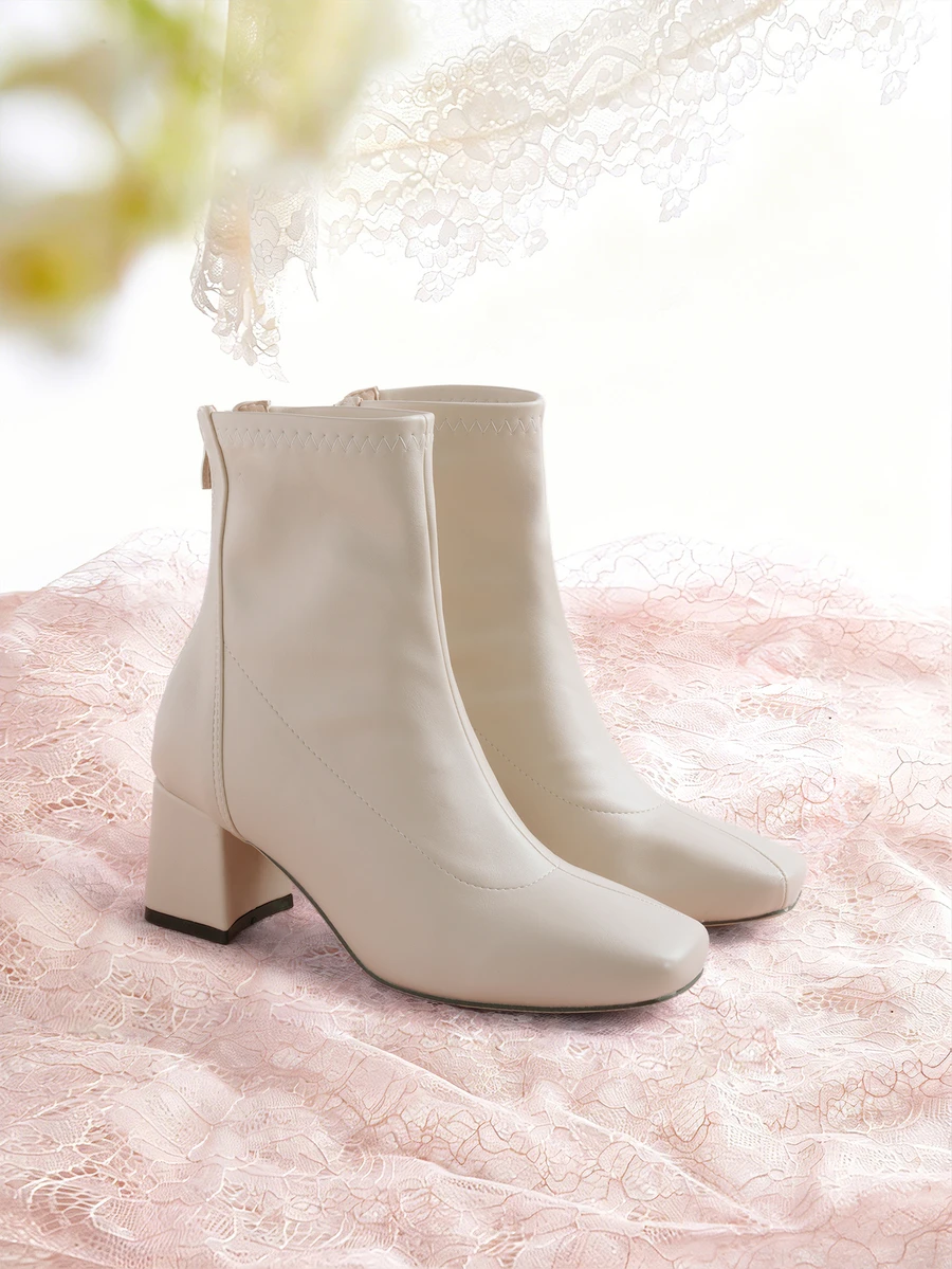 Rylithe Fall/Winter 2025 Women's Square Toe Mid-Calf Boots, Slimming French Style Ankle Boots, Minimalist Chunky Heel Ankle Boots, Versatile Fashion - Beige - View 1