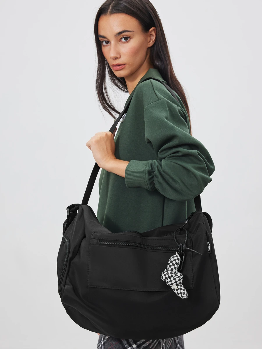 Avansion Classic Solid Color, Large Capacity, Multi-Pocket Design, Earphone Holder, Lightweight And Portable, Can Be Used As Shoulder Bag Or Handbag - Black - View 1