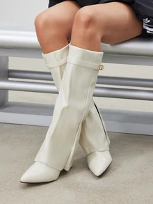 Avansion Fall/Winter 2025 Spring/Summer New European & American Pointed Toe Tall Boots Women, Slim Fit Straight Leg Shaft, Wedge Heel Riding Boots - Beige - View 3