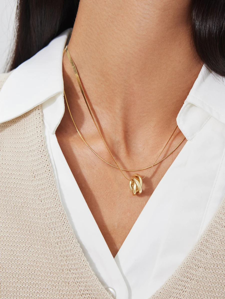Avansion 2pcs European & American New Twisted Double Layer Snake Bone Necklace & Earrings For Women Fashion Collarbone Chain - Gold - View 1