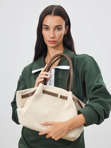 Avansion 1pc Linen & PU Patchwork Handbag, Large Capacity Solid Color Mature Elegant Women's Tote Bag, Vintage Style Work Bag - Multicolor - View 2