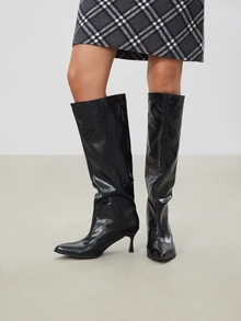 Avansion Fall/Winter 2025 Summer New Pointed Toe Slim High Heel Thigh High Boots, Button Patchwork Reversible Design For Women,Kitten Heels - Black - View 3