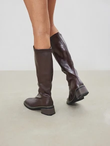 Avansion Chunky Heel Square Toe Solid Color Elastic Knee-High Slim Boots Tall Boots - Brown - View 2