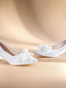 Etoivie Rhinestone Bow Decor Silver Pointed Toe Elegant Ladies High Heel Shoes, Slip On Chunky Heels,Elegant,Party,Wedding Outfits - Silver - View 4