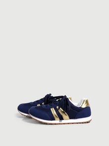 DareSee 2025 Autumn Women's Comfortable Round Toe Faux Leather Patchwork Contrast Color Lace-Up Sneakers, Suitable For Spring And Autumn - Blue - View 3
