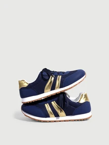 DareSee 2025 Autumn Women's Comfortable Round Toe Faux Leather Patchwork Contrast Color Lace-Up Sneakers, Suitable For Spring And Autumn - Blue - View 1