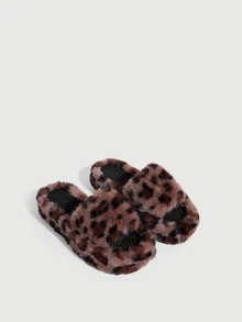 DareSee Women's Fuzzy Leopard Print House Slippers, Soft Sole, Warm, Round Toe, Open Toe, Outdoor Fashion Fur Slippers With Strap - Brown Leopard Print - View 1