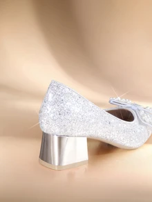 Etoivie Rhinestone Bow Decor Silver Pointed Toe Elegant Ladies High Heel Shoes, Slip On Chunky Heels,Elegant,Party,Wedding Outfits - Silver - View 2