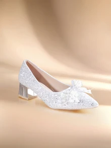 Etoivie Rhinestone Bow Decor Silver Pointed Toe Elegant Ladies High Heel Shoes, Slip On Chunky Heels,Elegant,Party,Wedding Outfits - Silver - View 3