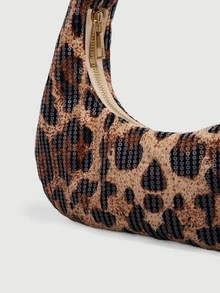 DareSee Mini Cute Y2K Sequin Leopard Shoulder Bag For Women, Underarm Purse With Zipper, Lightweight Crescent Hand Bag, Christmas Gift - Brown - View 4