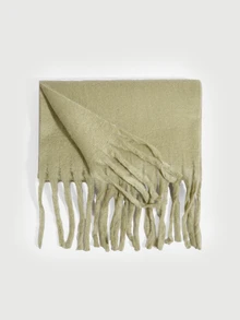DareSee 1pc Women's Solid Color Scarf, Warm Neck Accessory For Winter, Thick Knitted Fringed Shawl, Suitable For Dresses - Army Green - View 2