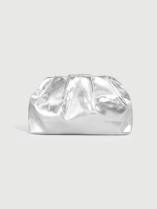 DareSee 1pc Metallic Shiny PU Ruched Cloud Clutch Bag, Silver, Minimalist Daily Handbag, Christmas Party, Christmas Gift - Silver - View 1