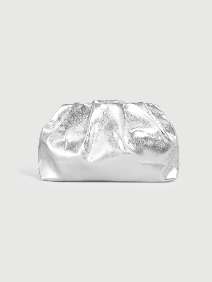 DareSee 1pc Metallic Shiny PU Ruched Cloud Clutch Bag, Silver, Minimalist Daily Handbag, Christmas Party, Christmas Gift - Silver - View 1