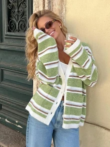 2026 Autumn/Winter New Fashion French Contrast Color Striped Soft V-Neck Loose Knit Cardigan Top, Suitable For Autumn Outfits, Outings, Dates, Holidays, Back To School, Graduation, Commuting, Street Style, Halloween - Olive Green - View 3