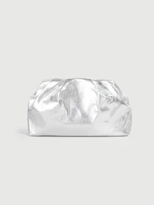 DareSee 1pc Metallic Shiny PU Ruched Cloud Clutch Bag, Silver, Minimalist Daily Handbag, Christmas Party, Christmas Gift - Silver - View 2