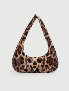 DareSee Mini Cute Y2K Sequin Leopard Shoulder Bag For Women, Underarm Purse With Zipper, Lightweight Crescent Hand Bag, Christmas Gift - Brown - View 1