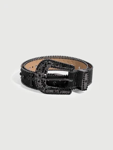 DareSee Men's Rhinestone Leather Belt, Women's Fashion Western Cowgirl Punk Rhinestone Decor Leather Belt With Rhinestone, Christmas Gift - A - View 2