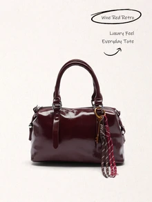 Okurime. 2025 New Solid Color Soft PU Luxury Handbag, Fashion Retro Daily Casual Gift Tote Bag For Women - Burgundy - View 2