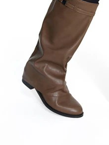 CHICVUE 1 Pair Popular Folded Pleated Boots Fashion Buckle Flat Comfortable Solid Color Western Style - Mocha Brown - View 4