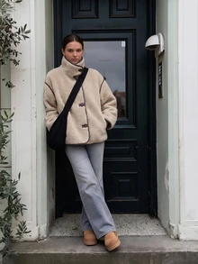 Women's Daily Wear Colorblock Front Button Stand Collar Wool Coat, Regular Fit Elegant Versatile Commuter Casual Jacket - Beige - View 3