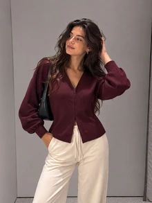 Women's Simple Solid Color Casual Knit Fitted Jacket Elegant Fall - Burgundy - View 1