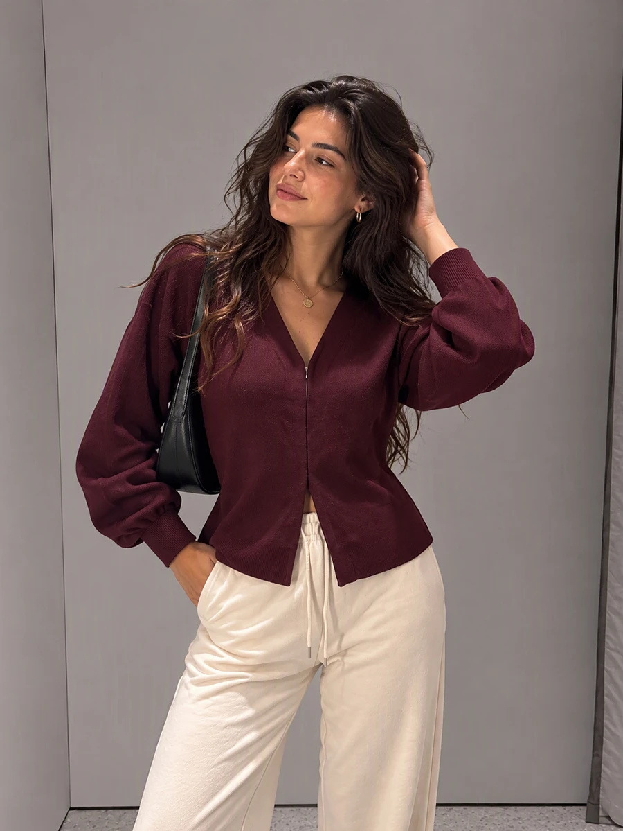 Women's Simple Solid Color Casual Knit Fitted Jacket Elegant Fall - Burgundy - View 1
