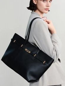 NobleVue Women's 2pcs Black Quilted Inner Bag Fashion Large Capacity Shoulder Combination Tote Bag With Magnetic Closure Daily Commute Large Bag - Black - View 1