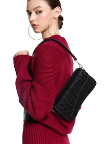 CHICVUE 1pc Solid Color Fashion Leopard Print Asymmetrical Flap Vintage Minimalist Elegant Shoulder Underarm Bag - Black - View 3