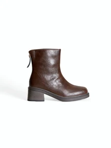 Avansion 女士秋冬切尔西靴，皮革鞋面，粗跟，方头，保暖内衬，弹性鞋口，修身款，踝靴 - 棕色 - 查看 1