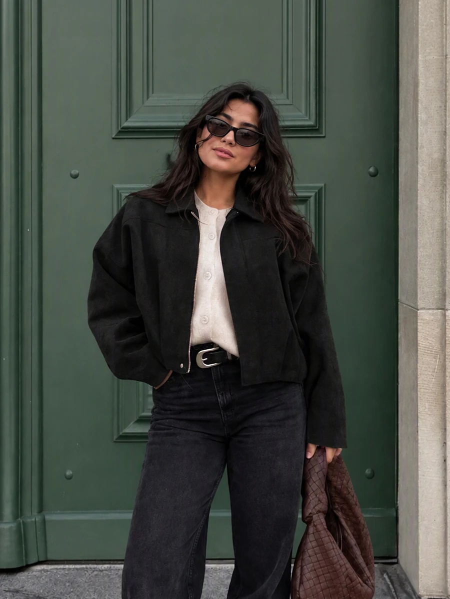Women's Regular Faux Suede Long Sleeve Single-Breasted Loose Casual Jacket Fall Black - Black - View 1